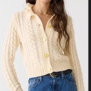 J. Crew Cream Cable Knit Ruffle Neck Sweater